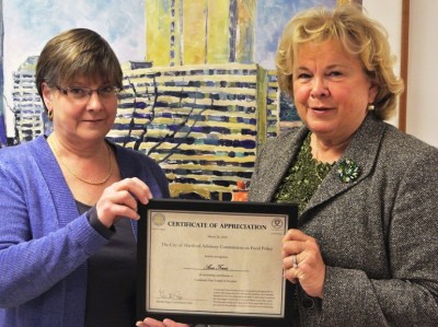 Martha Page (left), executive director of Hartford Food Systems presented one of the 2015 Food Security Awards  to emeritus professor, Ann Ferris.  
