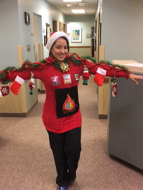 Winner of the 2017 Ugly Sweater Contest is Daisy Galvan, medical assistant from Dermatology.